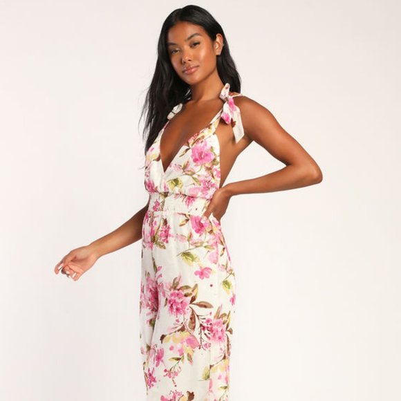 Forever Days Ivory Floral Jacquard Tie-Strap Wide Leg Jumpsuit - Picture 2 of 3